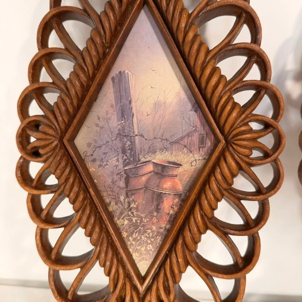 Vintage 1975 Burwood Products Co Wall Plaques Set‎ 2 Country Scenes Brown Retro